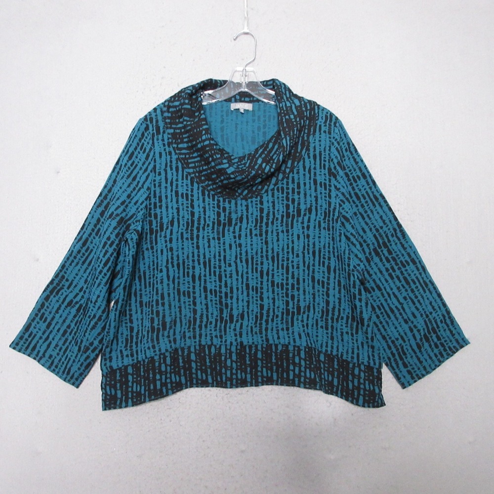 Habitat Clothes to Live In Top M Blue Black Artsy Boxy Lagenlook Cowl Neck Flowy